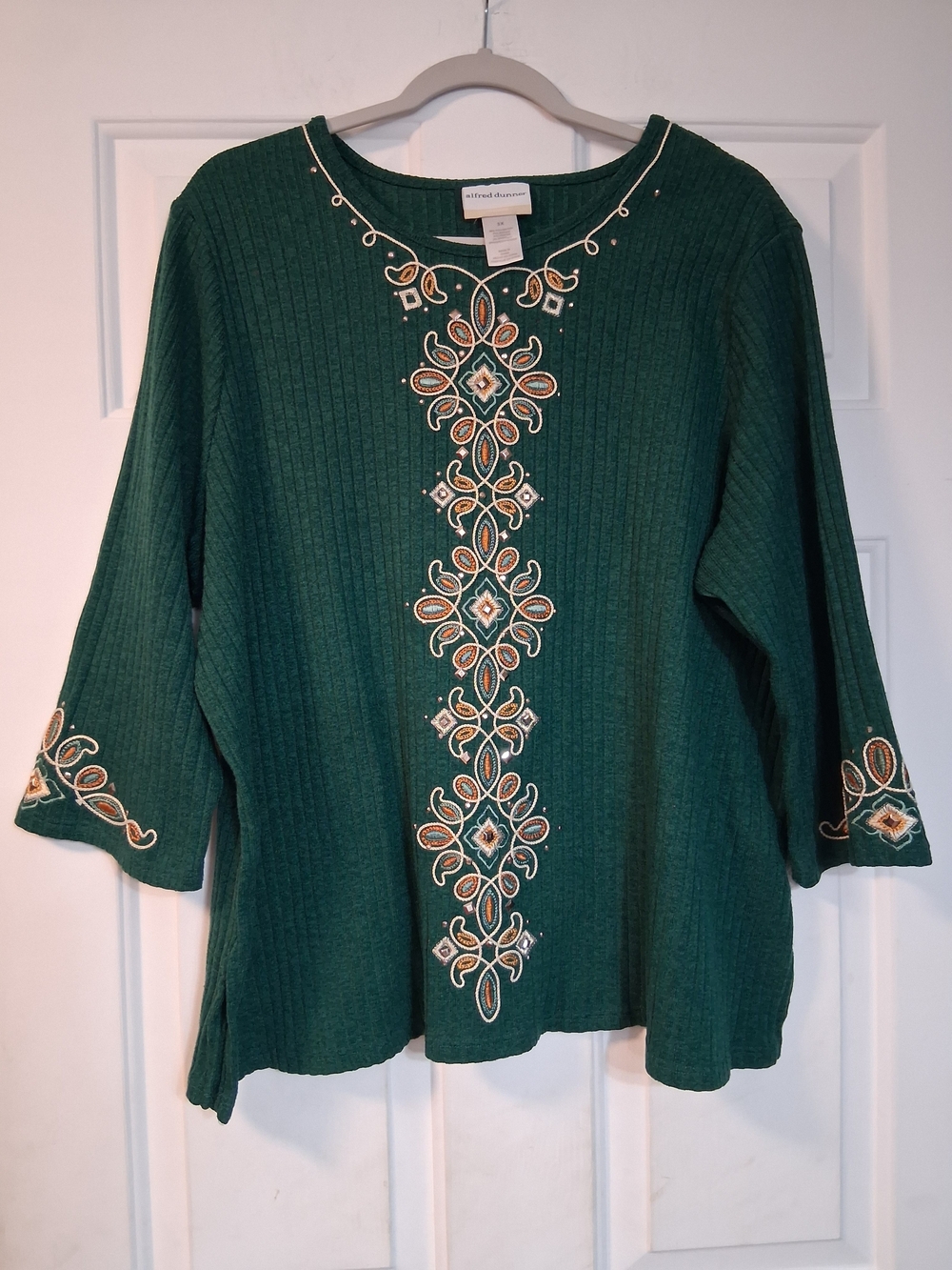 Alfred Dunner Green Embroidered Ornate Blouse Ribbed Scoop Neck Top 3X